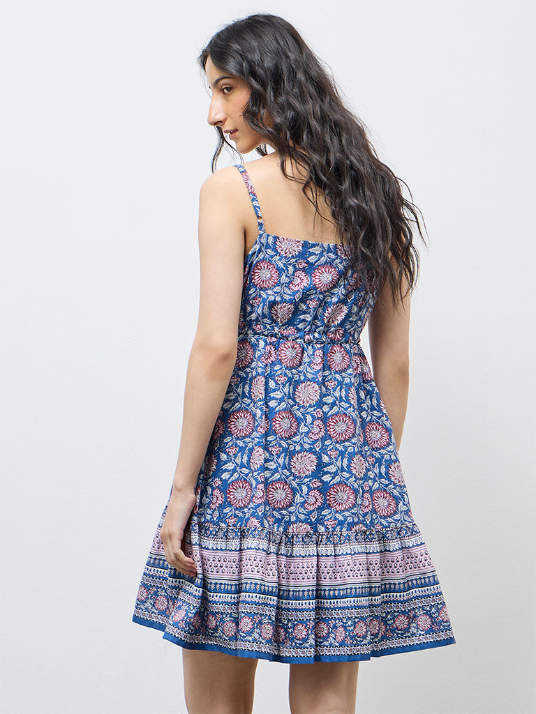 Bombay Paisley Blue Floral Cotton A-Line Dress