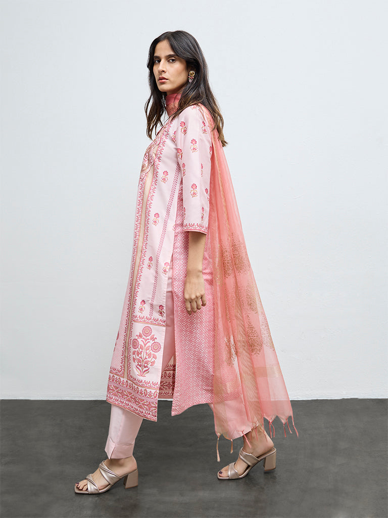 Vark Light Pink Floral Straight Ethnic Set