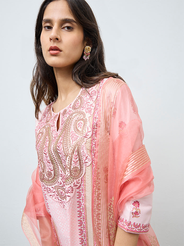 Vark Light Pink Floral Straight Ethnic Set