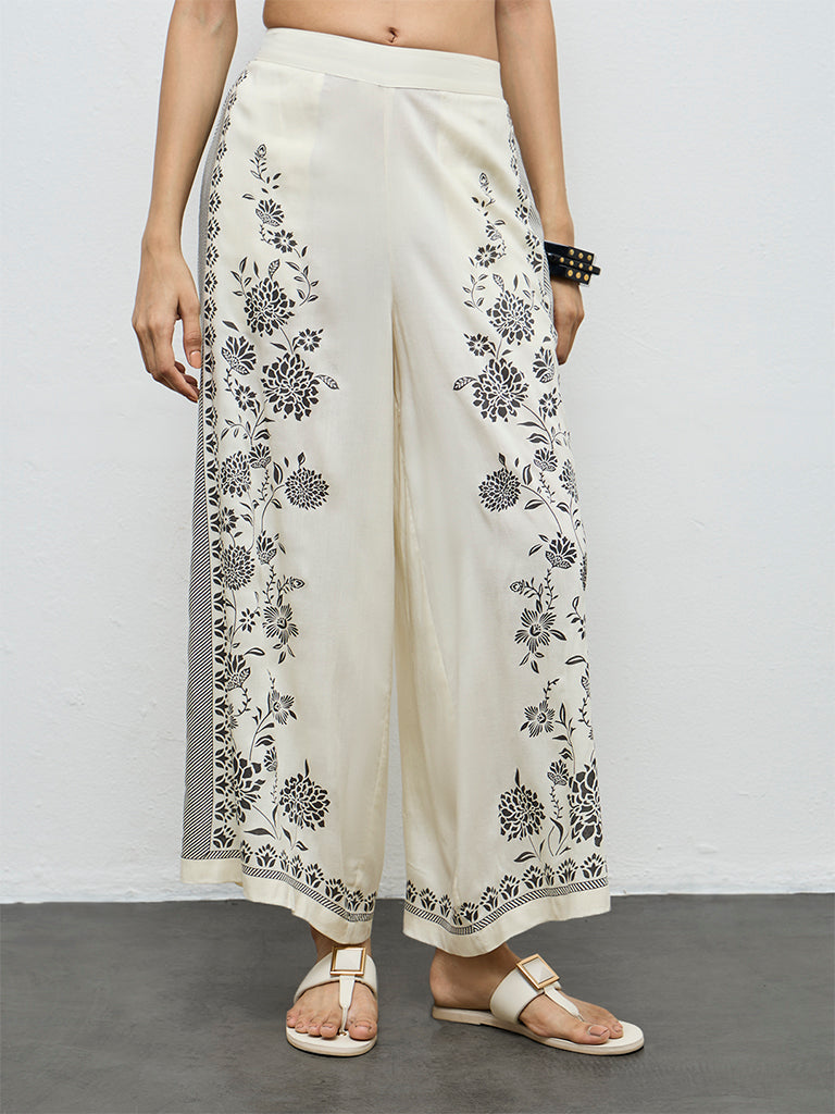 Utsa Off-White Foliage Printed Palazzos