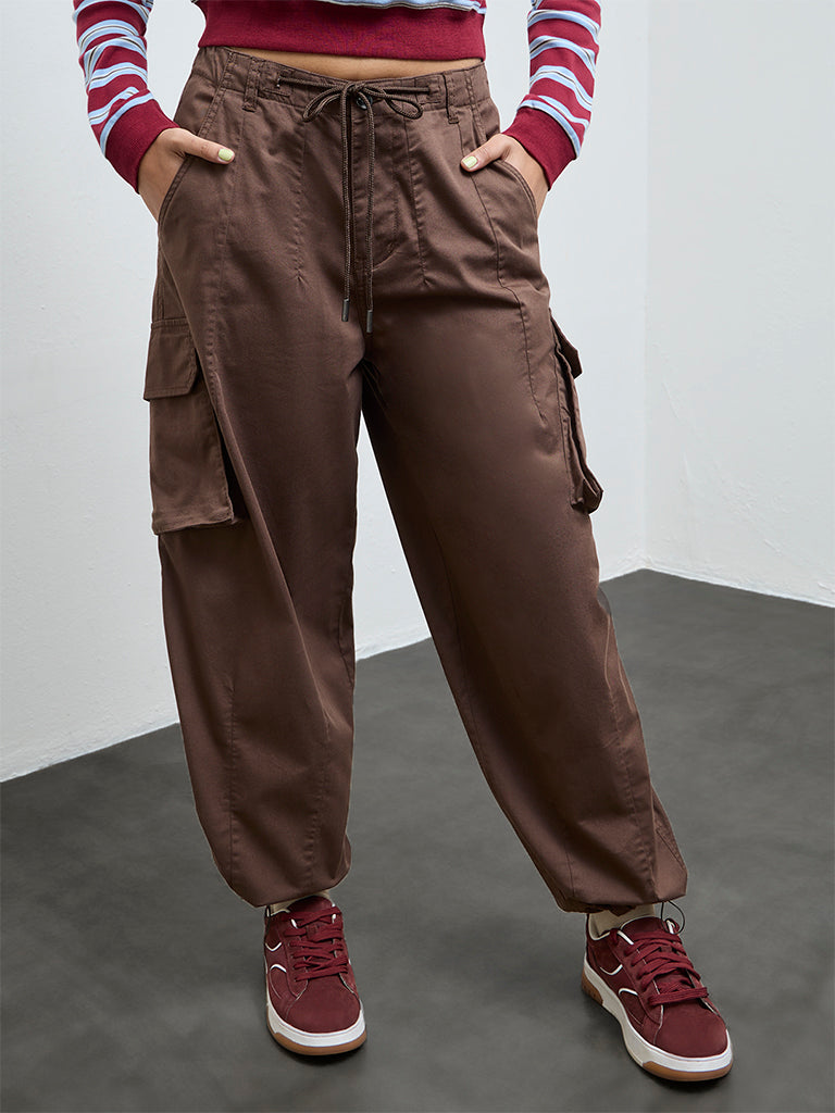 Nuon Brown High-Rise Cotton-Blend Cargo Pants