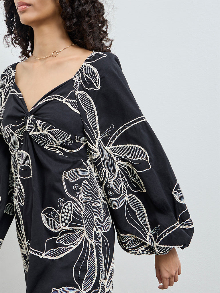 LOV Black Floral Embroidered Cotton A-Line Dress