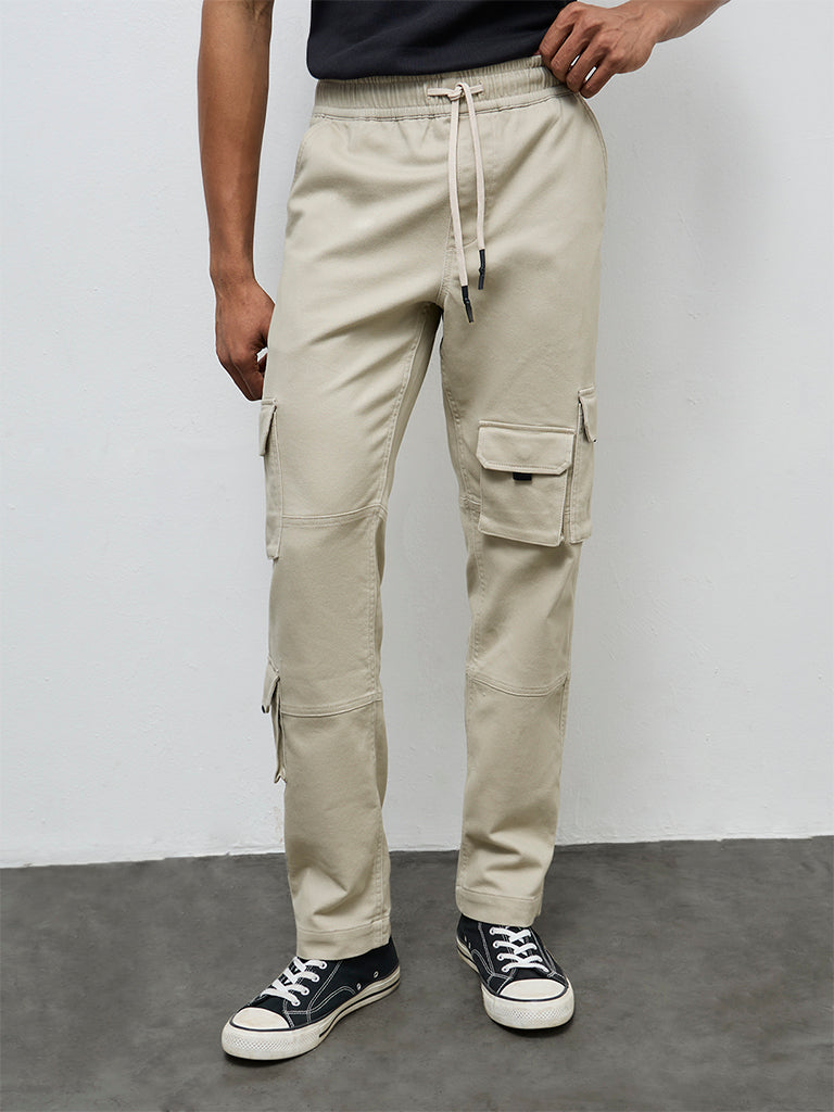 Nuon Taupe Cargo-Style Relaxed-Fit Mid-Rise Cotton-Blend Pants