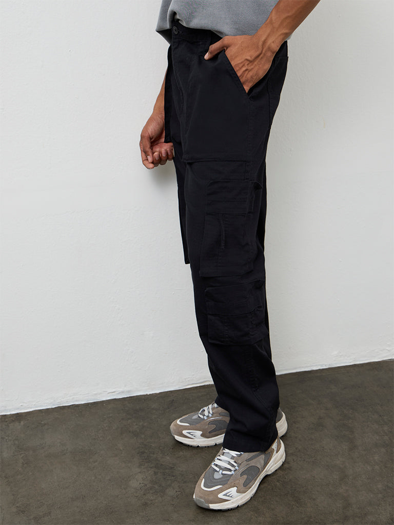 Nuon Black Relaxed-Fit Mid-Rise Cotton Cargo Pants