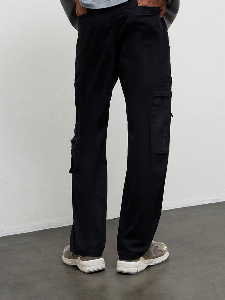 Nuon Black Relaxed-Fit Mid-Rise Cotton Cargo Pants