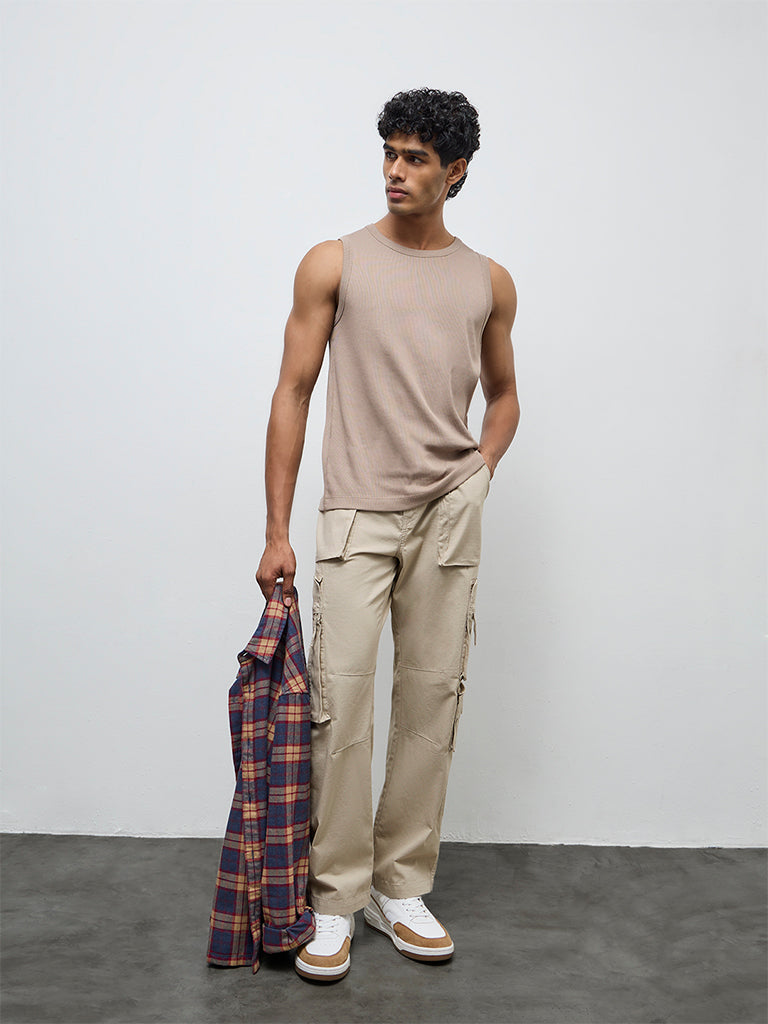 Nuon Beige Relaxed-Fit Mid-Rise Cotton Cargo Pants