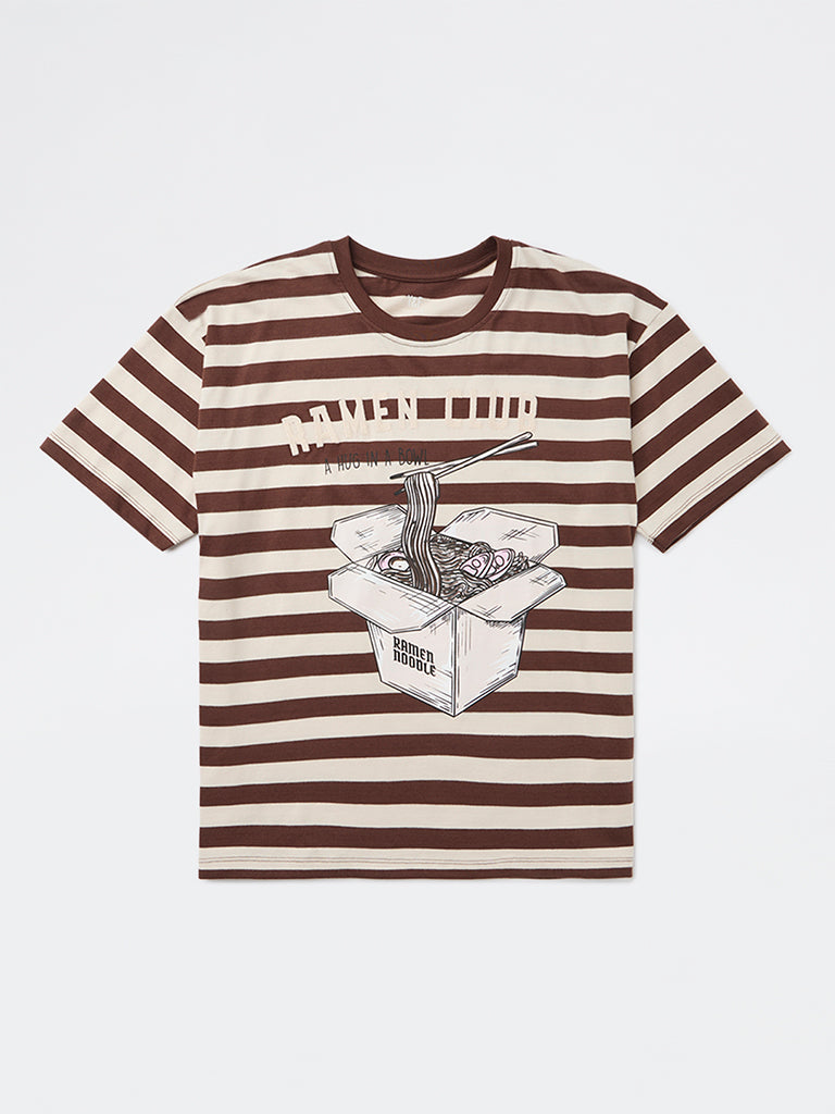 Y&F Kids Girls Dark Brown Striped Cotton T-Shirt