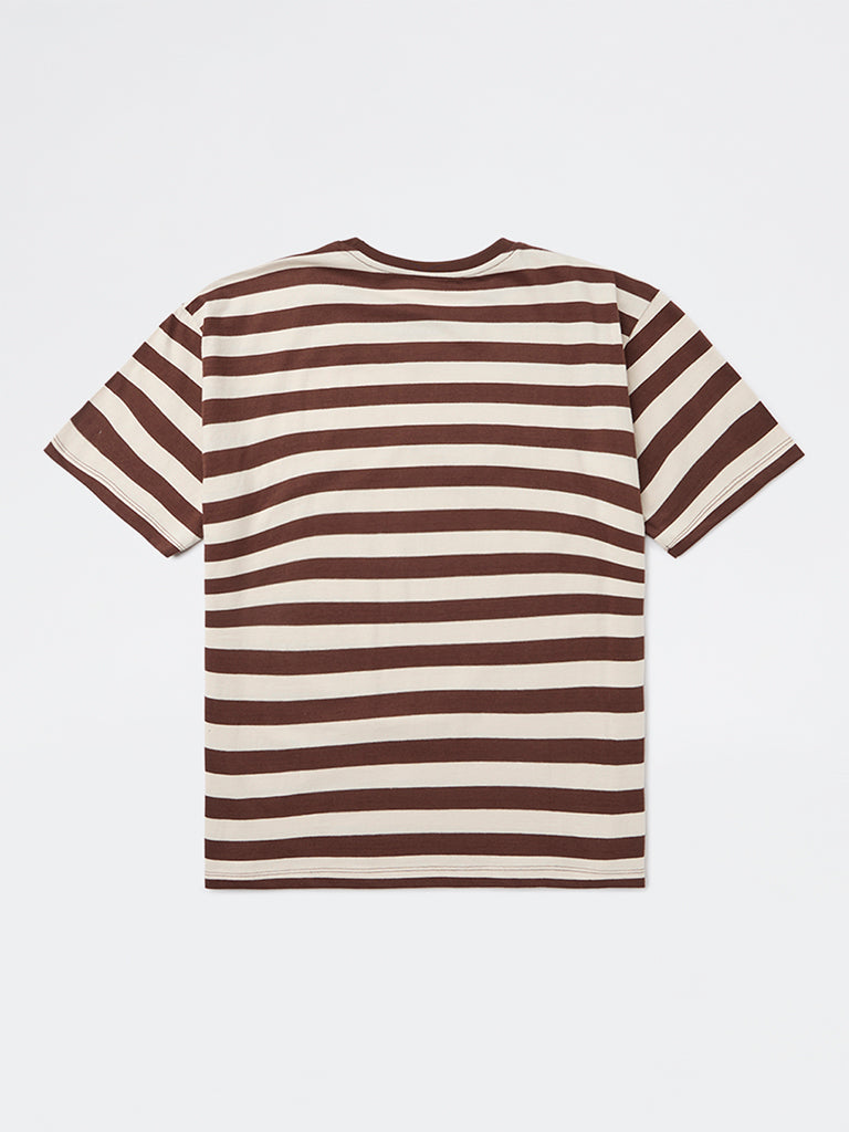 Y&F Kids Girls Dark Brown Striped Cotton T-Shirt