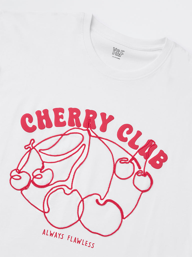 Y&F Kids Girls White Text Design Cotton T-Shirt