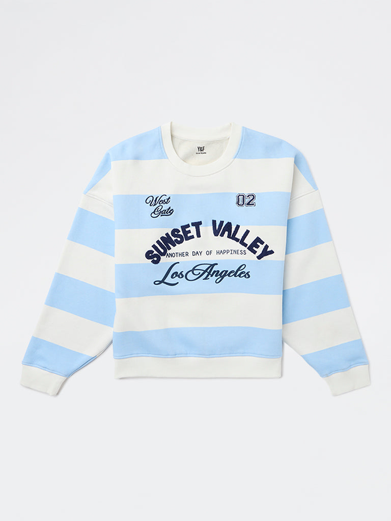 Y&F Kids Girls Blue Striped Cotton-Blend Sweatshirt