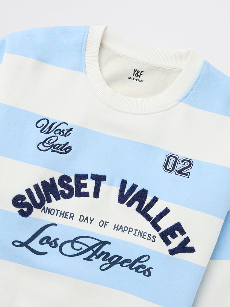 Y&F Kids Girls Blue Striped Cotton-Blend Sweatshirt