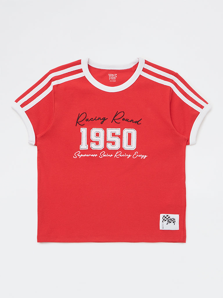 Y&F Kids Girls Red Text Design Cotton-Blend T-Shirt