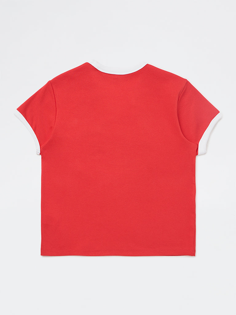 Y&F Kids Girls Red Text Design Cotton-Blend T-Shirt
