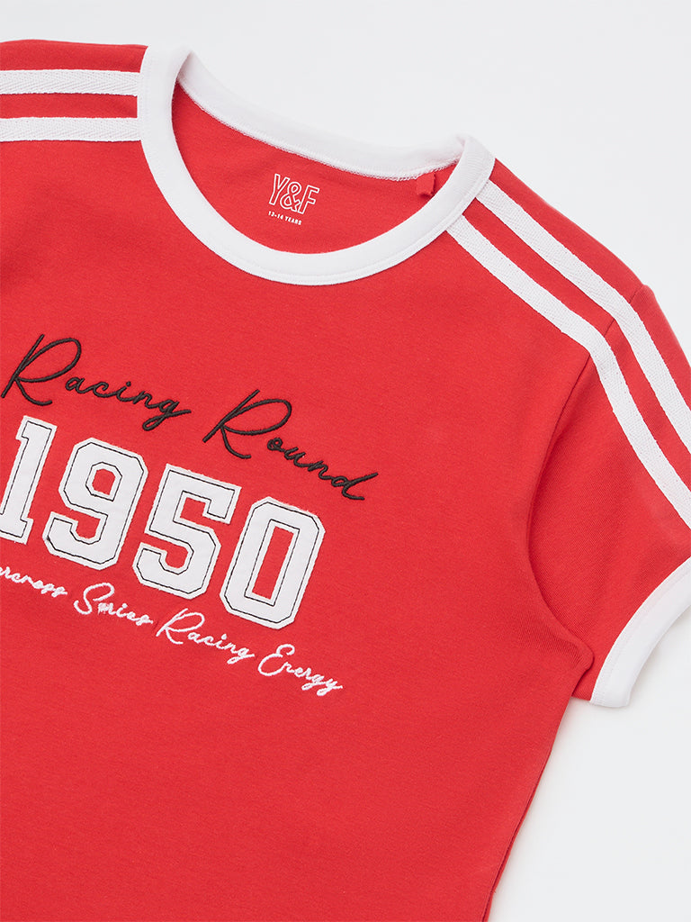 Y&F Kids Girls Red Text Design Cotton-Blend T-Shirt