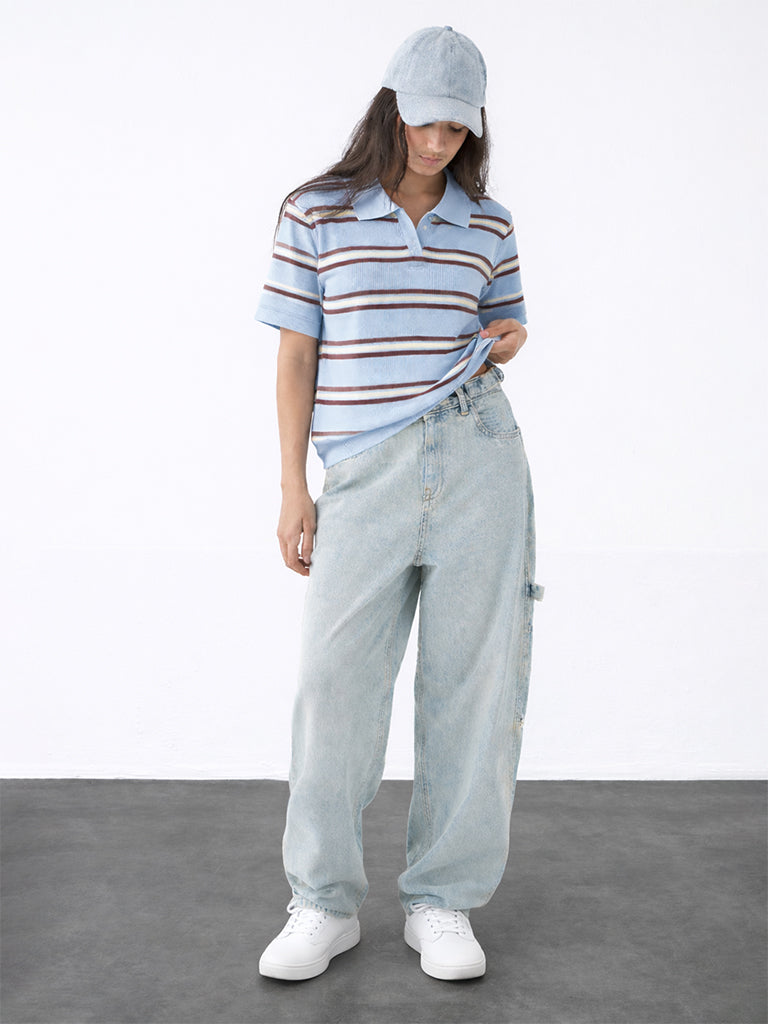 Y&F Kids Girls Blue Striped Textured T-Shirt