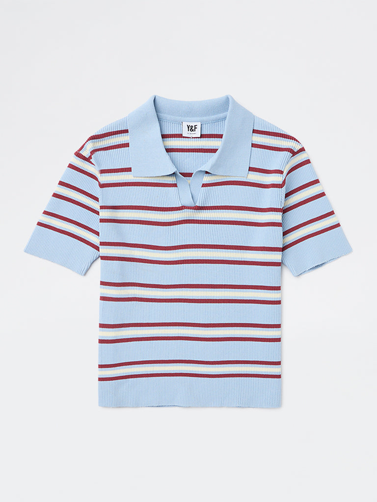 Y&F Kids Girls Blue Striped Textured T-Shirt