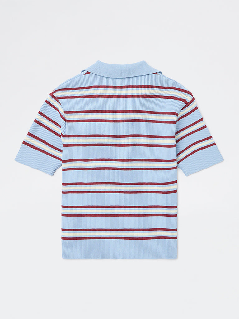 Y&F Kids Girls Blue Striped Textured T-Shirt