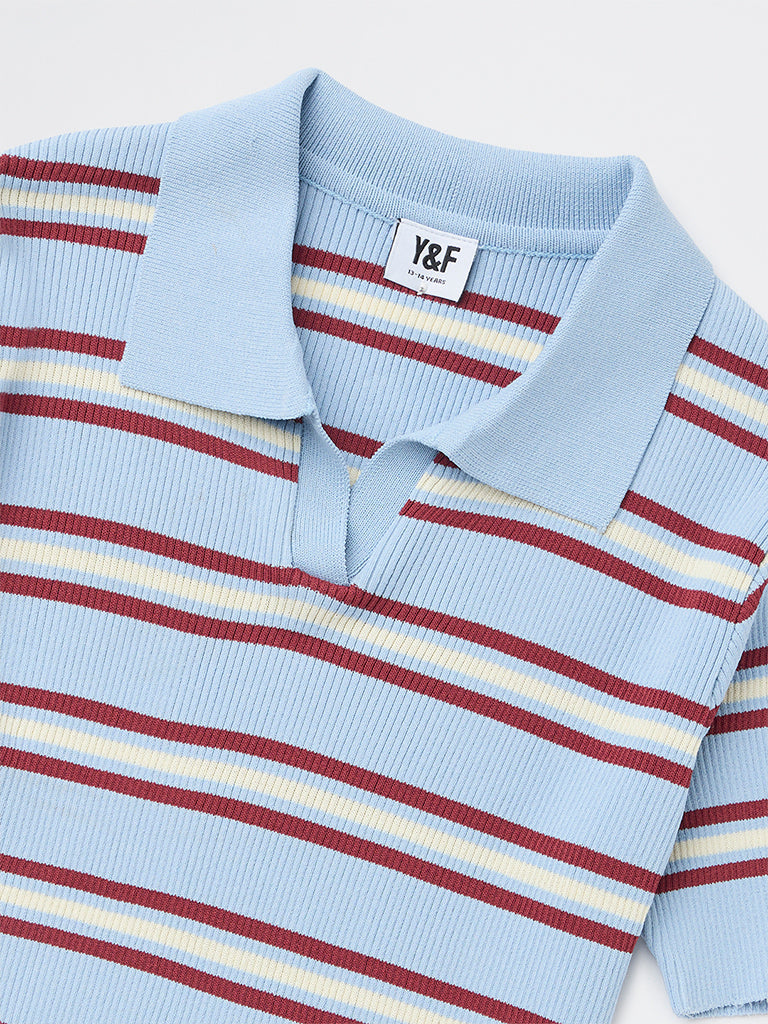 Y&F Kids Girls Blue Striped Textured T-Shirt