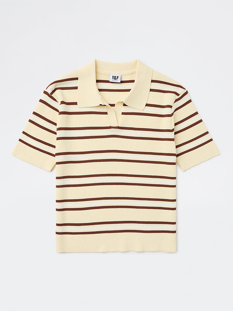 Y&F Kids Girls Light Yellow Striped Textured T-Shirt