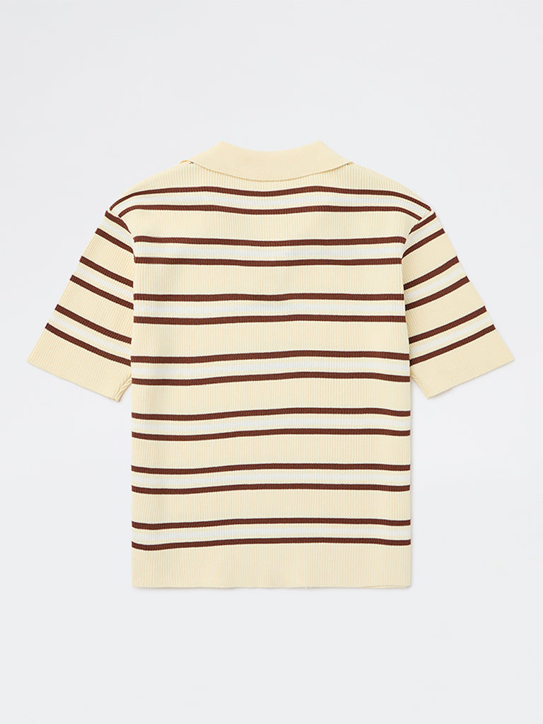 Y&F Kids Girls Light Yellow Striped Textured T-Shirt