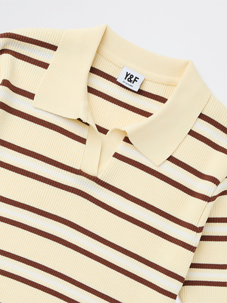 Y&F Kids Girls Light Yellow Striped Textured T-Shirt