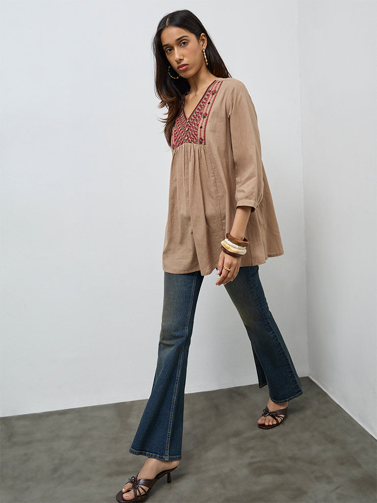 Utsa Beige Floral Embroidered Cotton Tunic
