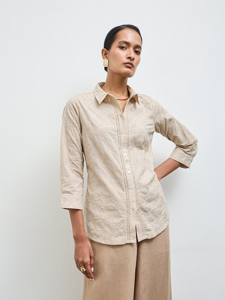 Zuba Beige Floral Embroidered Cotton Tunic