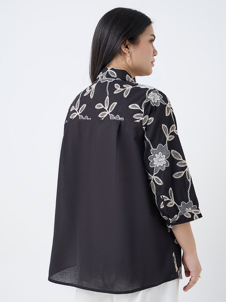 Gia Black Foliage Embroidered Cotton Blouse