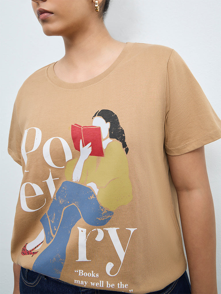 Gia Light Brown Graphic Printed Cotton T-Shirt