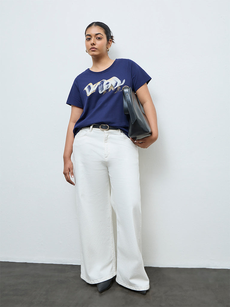 Gia Navy Printed Cotton T-Shirt