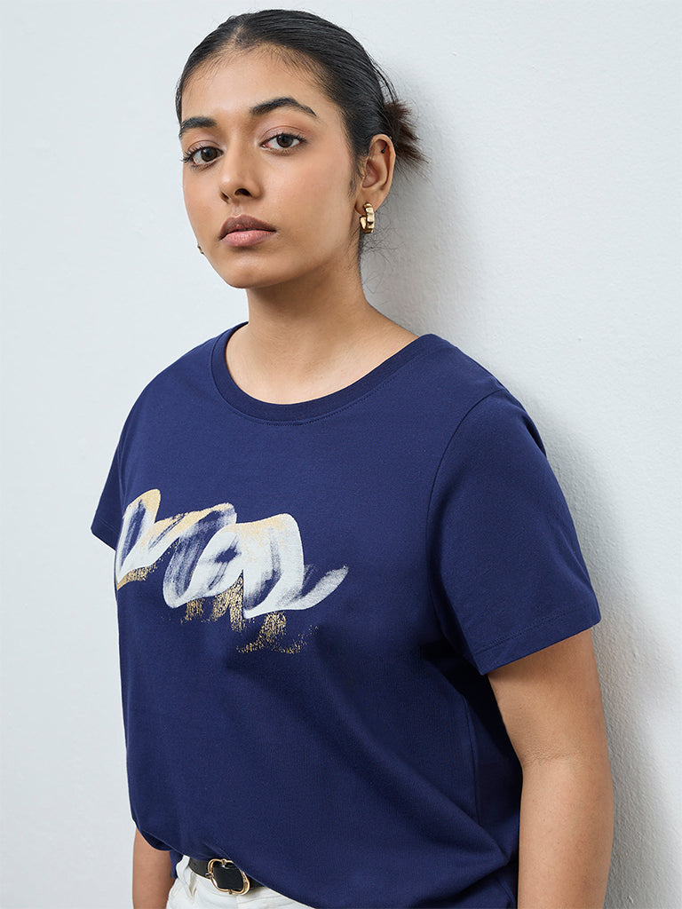 Gia Navy Printed Cotton T-Shirt