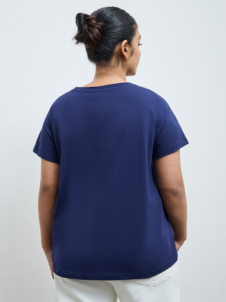Gia Navy Printed Cotton T-Shirt