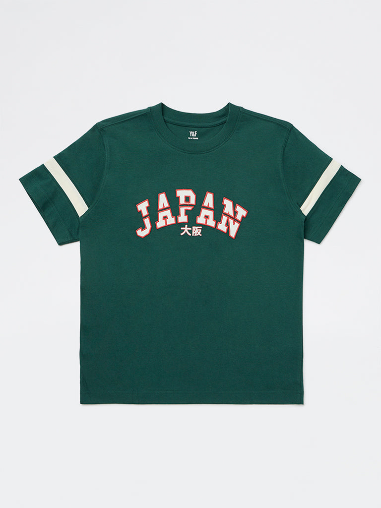 Y&F Kids Boys Green Text Pattern Cotton T-Shirt