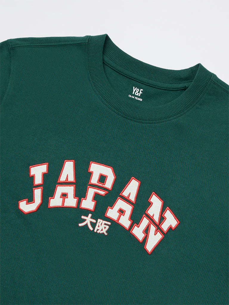 Y&F Kids Boys Green Text Pattern Cotton T-Shirt