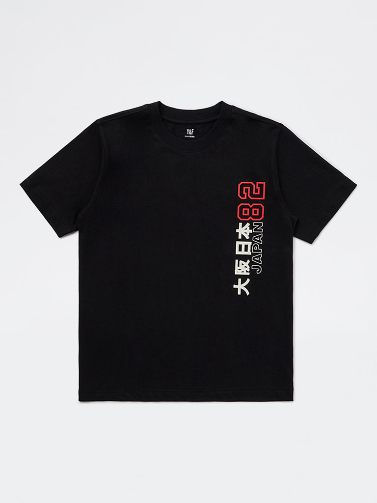 Y&F Kids Boys Black Graphic Printed Cotton T-Shirt