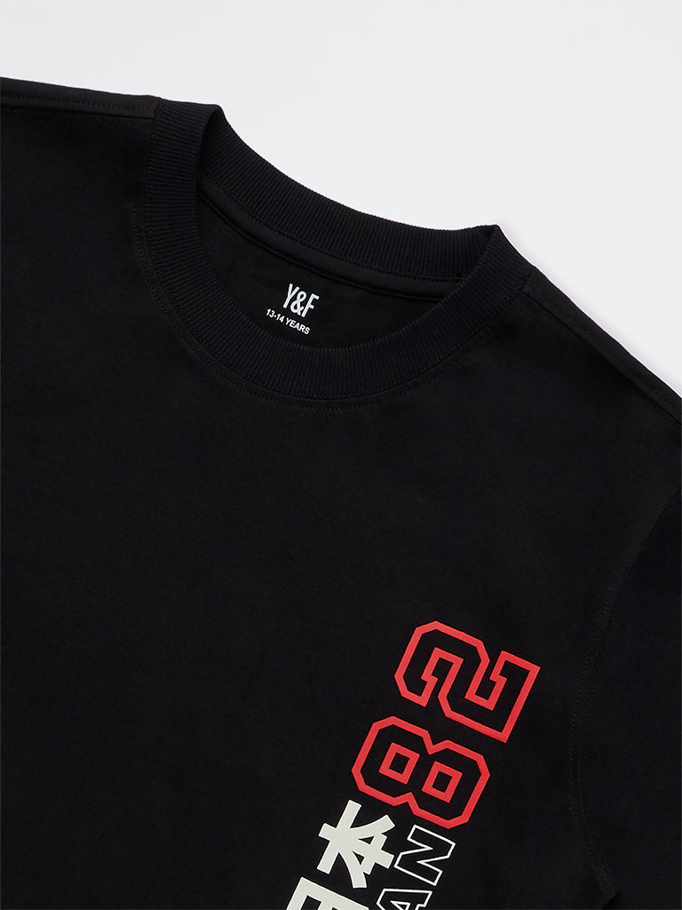 Y&F Kids Boys Black Graphic Printed Cotton T-Shirt