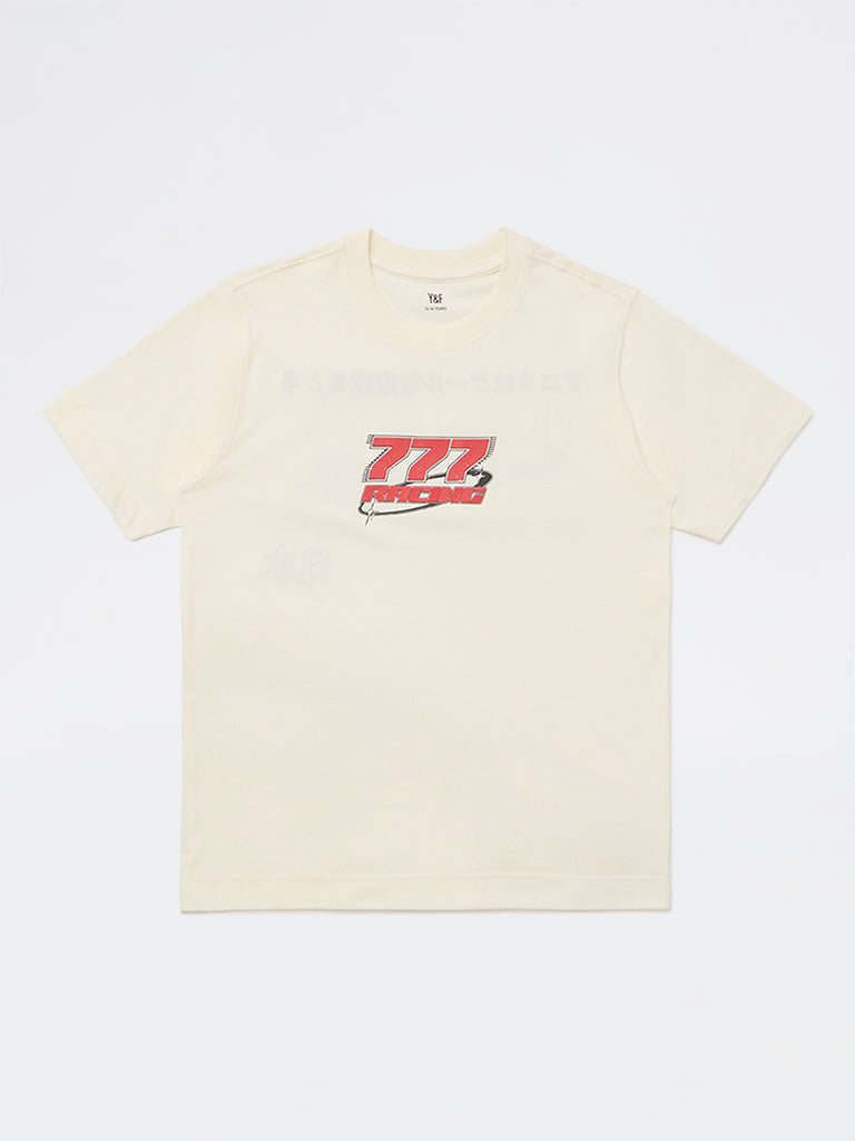 Y&F Kids Boys Cream Racer-Inspired Cotton T-Shirt