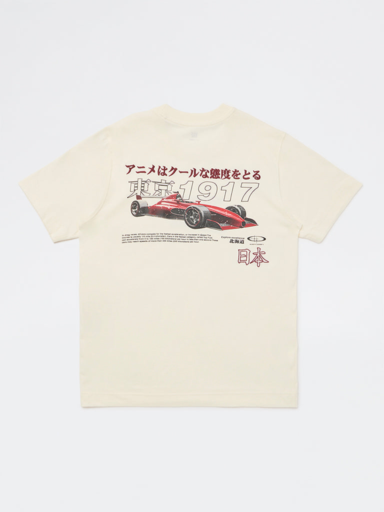 Y&F Kids Boys Cream Racer-Inspired Cotton T-Shirt