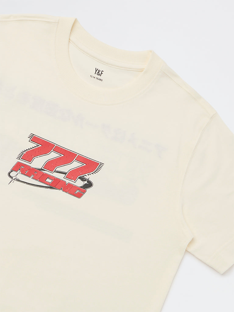Y&F Kids Boys Cream Racer-Inspired Cotton T-Shirt
