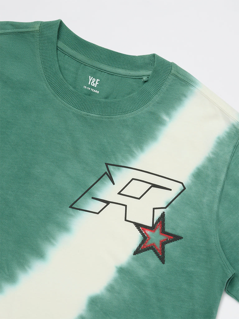 Y&F Kids Boys Green Tie-Dye Cotton T-Shirt