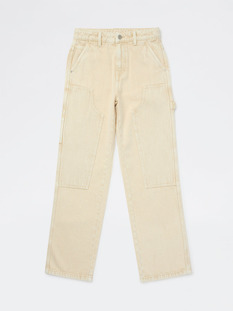 Y&F Kids Boys Beige Straight-Fit Mid-Rise Jeans