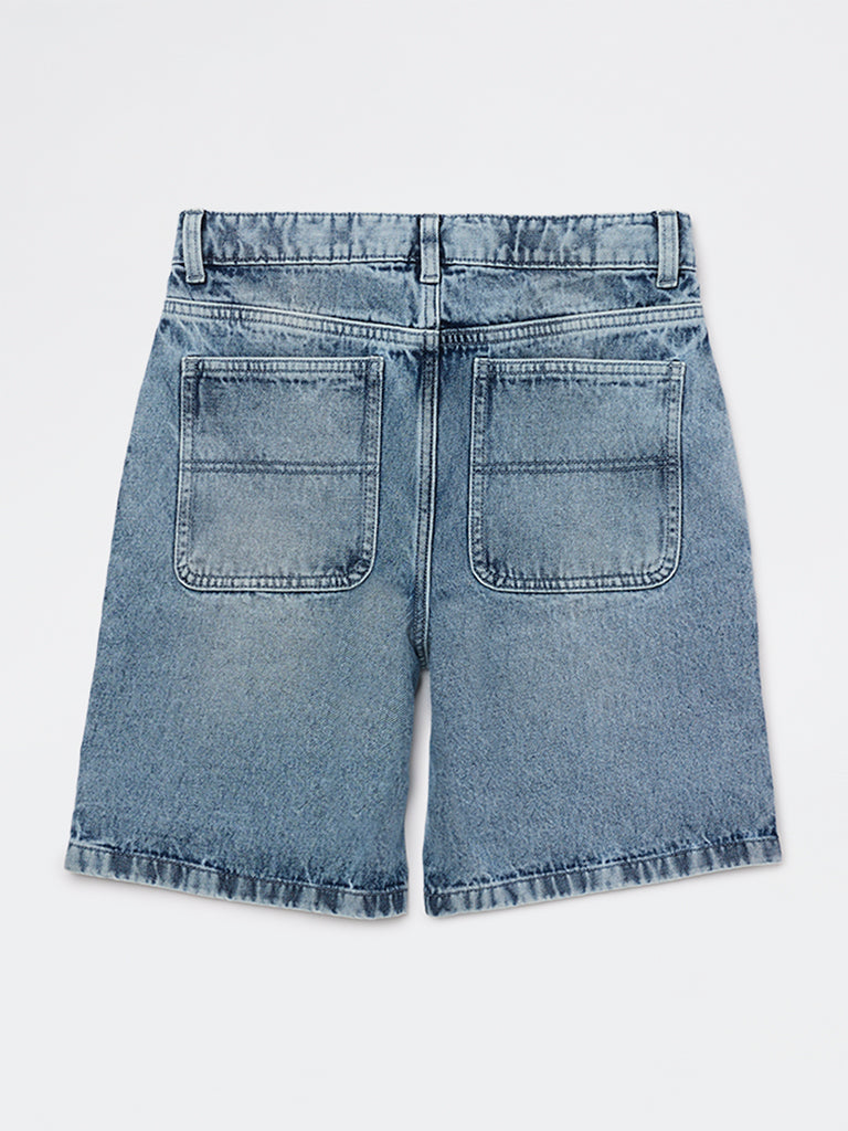 Y&F Kids Boys Blue Faded Mid-Rise Denim Shorts