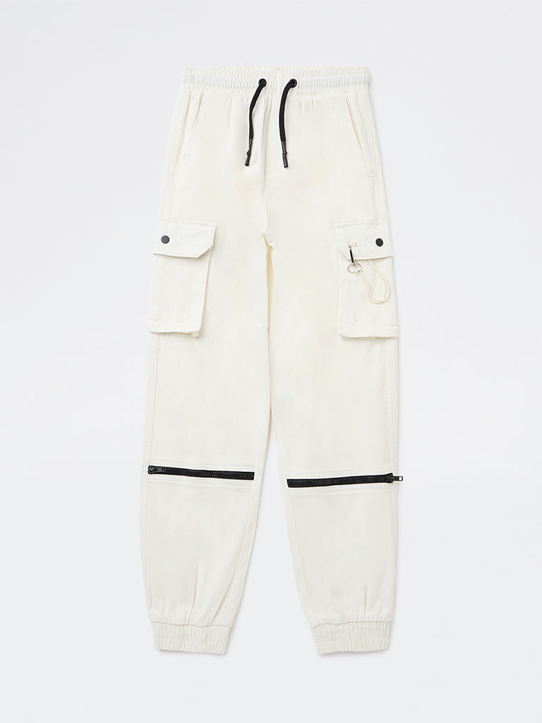 Y&F Kids Boys Off-White Mid-Rise Cotton-Blend Joggers