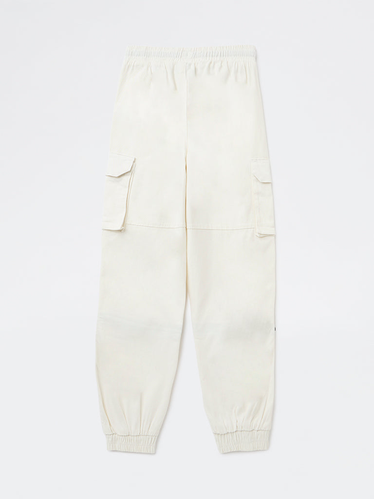 Y&F Kids Boys Off-White Mid-Rise Cotton-Blend Joggers