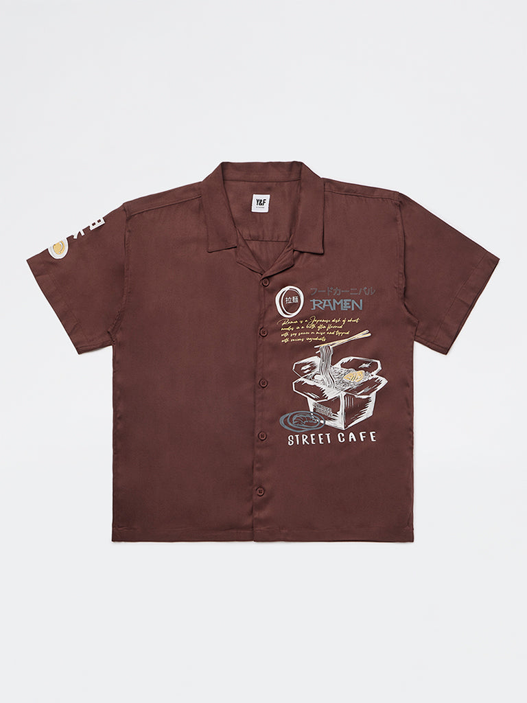 Y&F Kids Boys Dark Brown Printed Shirt