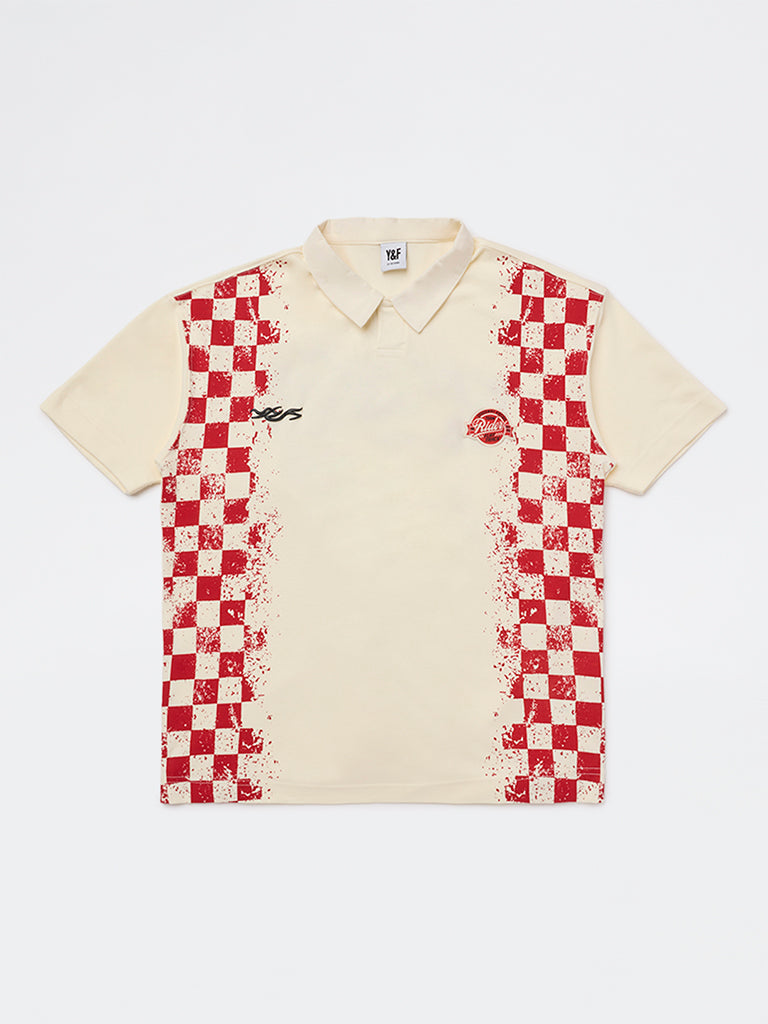 Y&F Kids Boys Cream Printed Cotton T-Shirt
