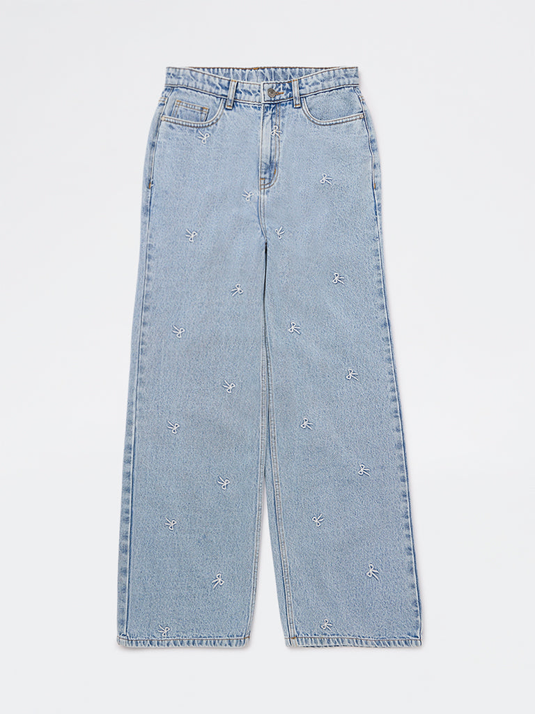 Y&F Kids Girls Blue Embroidered High-Rise Jeans
