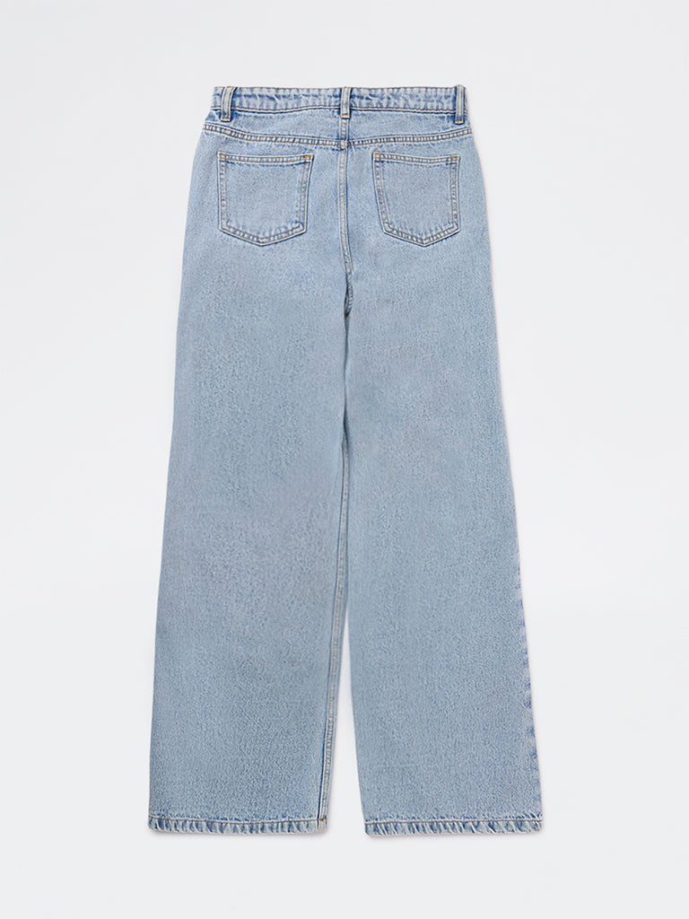 Y&F Kids Girls Blue Embroidered High-Rise Jeans