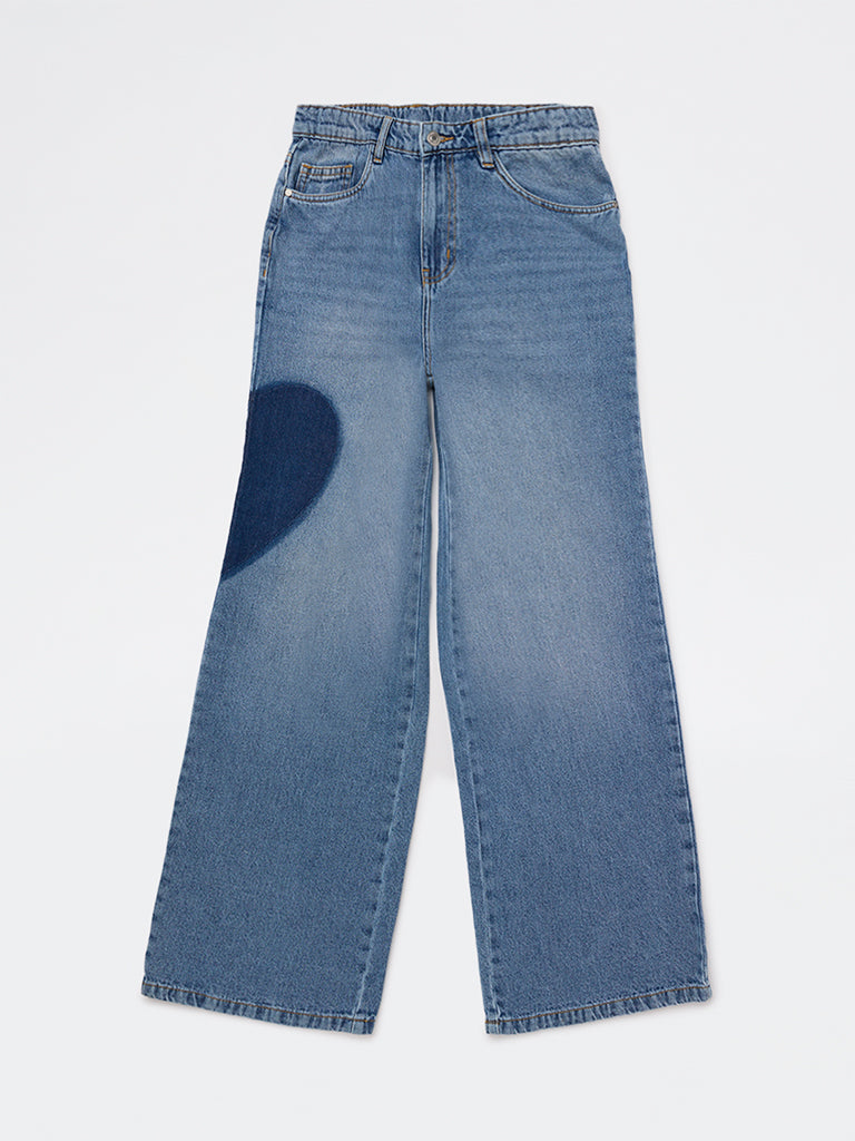 Y&F Kids Girls Blue Washed High-Rise Jeans