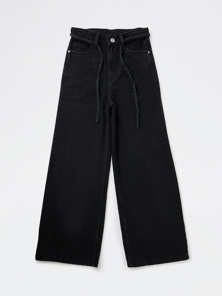 Y&F Kids Girls Black High-Rise Jeans with Belt